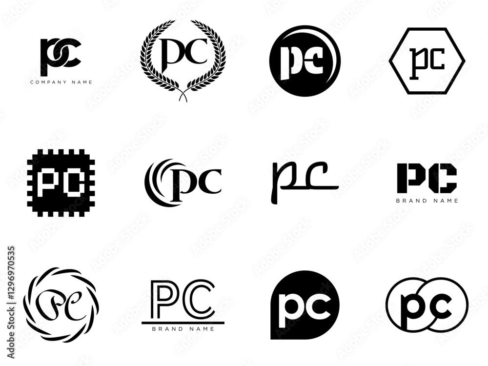 Fototapete pc logo company template. letter p and c logotype. set different classic serif lettering and modern 