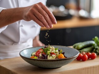 Male chef sprinkles seasoning over a healthy salad in a bright kitchen.