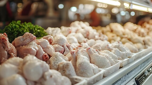 Neat display of fresh chicken in supermarket refrigerators