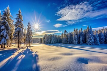 Winter Wonderland Double Exposure: Snowy Plain, Forest, & Blue Sky