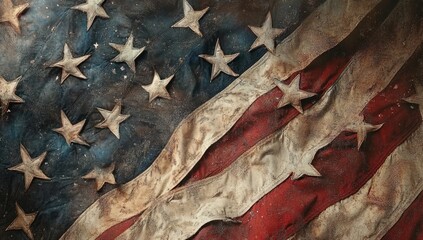 Naklejka premium Weathered, faded American flag with visible texture and age.