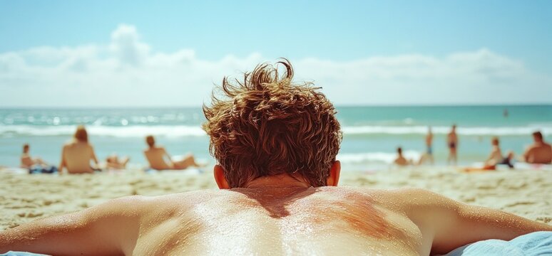 Man sunbathing on beach, ocean background, summer vacation