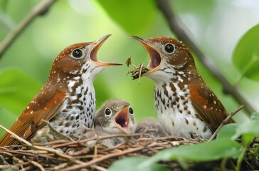 Fototapeta premium Two vibrant songbirds feeding their hungry chicks in a lush green nest surrounded by leaves in nature’s serene environment.