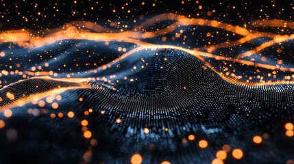 Abstract digital landscape with glowing orange particles over rippling dark surface, representing technology and innovation concepts