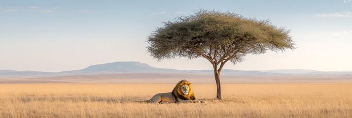 Majestic lion resting in the shade of an acacia tree on the African savanna, with a backdrop of distant mountains. A serene wildlife portrait.