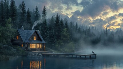 Obraz premium Serene Lakeside Cabin at Twilight, Cozy cabin, lakeside retreat, misty forest, twilight sky, dramatic clouds, glowing windows, wooden pier, reflections on water, serene atmosphere.