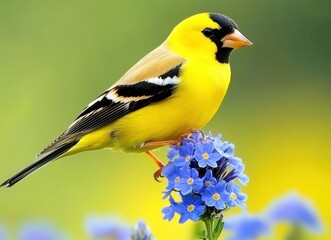 Obraz premium Vibrant American Goldfinch Perched on Blue Flower Against a Soft Green and Yellow Background in Springtime Nature