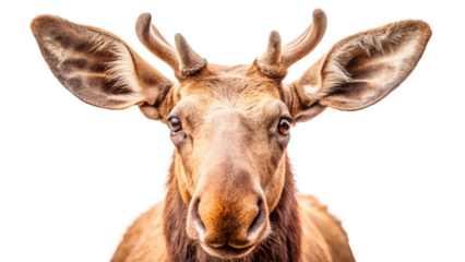 Close-up portrait of a majestic moose with antlers, captured in natural light, isolated on a white background.