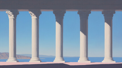 Fototapeta premium Ancient Pillars by the Sea: A row of majestic ancient pillars stands proudly against a backdrop of a bright blue sky and tranquil sea, evoking a sense of classical elegance and timeless beauty.