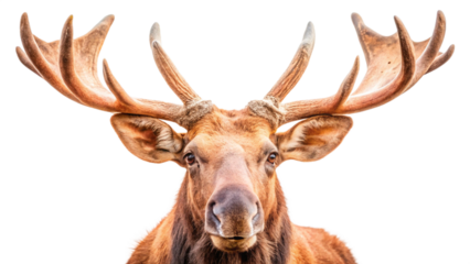 Close-up portrait of a majestic moose with antlers, captured in natural light, isolated on a white background