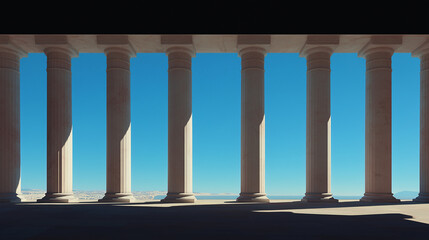 Fototapeta premium Classical Columns and Blue Sky: An architectural composition featuring a row of majestic classical columns frames the vivid blue sky and a sense of timeless beauty and order.
