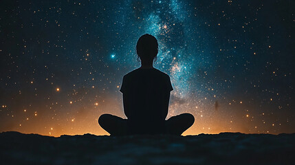 Back of silhouette of ethereal human soul floating in deep space against vibrant nebula, symbolizing spiritual awakening, cosmic journey, self-discovery, and higher consciousness.

