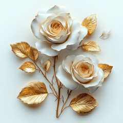 Elegant white roses with golden leaves arranged artistically, showcasing beauty and sophistication. delicate details of petals and leaves create stunning visual impact