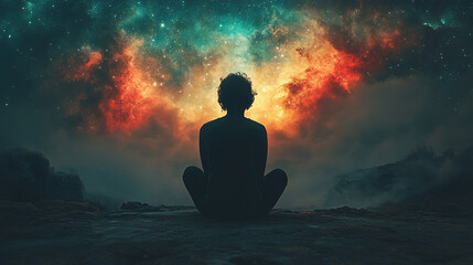 Back of silhouette of ethereal human soul floating in deep space against vibrant nebula, symbolizing spiritual awakening, cosmic journey, self-discovery, and higher consciousness.

