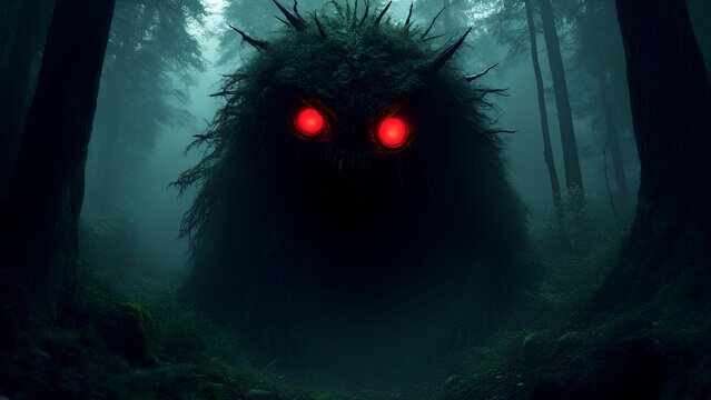 A scarry moster background image ,red eyes in the dark forest