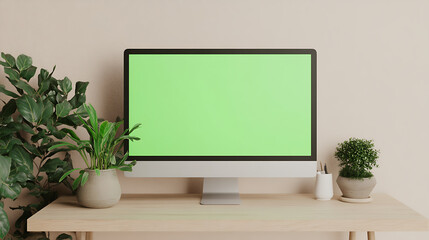 Desktop computer with green screen display on a wooden desk surrounded by lush potted plants, creating a workspace with a touch of nature.