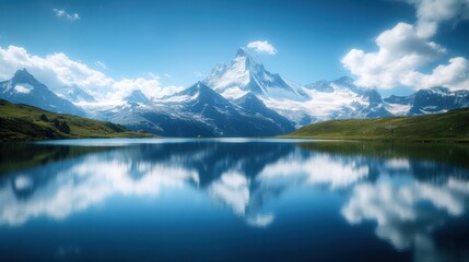 Crystal Clear Alpine Lake Nestled Between Snow-Capped Mountains