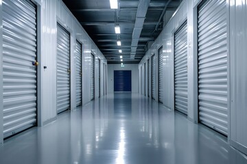 Fototapeta premium Storage units corridor with metal doors and polished floor