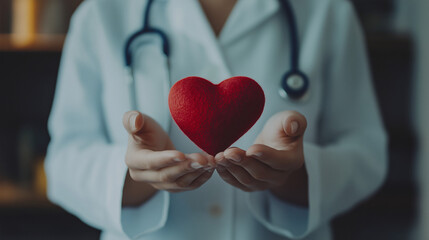 A Doctor's Tender Care: A healthcare professional cradles a vibrant red heart in their hands, symbolizing empathy, medical care, and the essence of life and well-being.