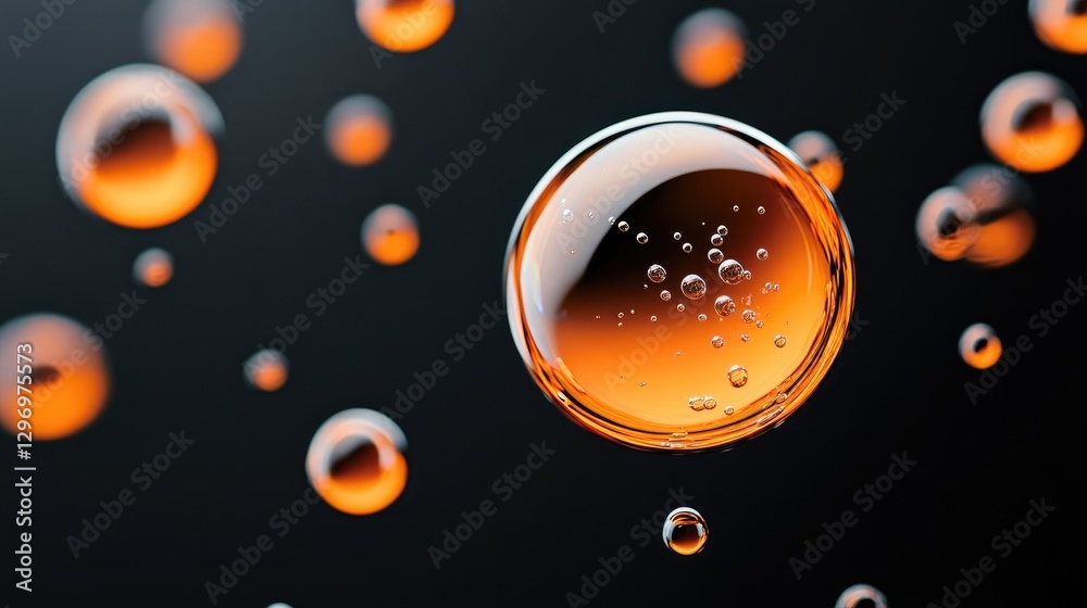 Poster orange liquid spheres hanging with small bubbles inside on a dark background