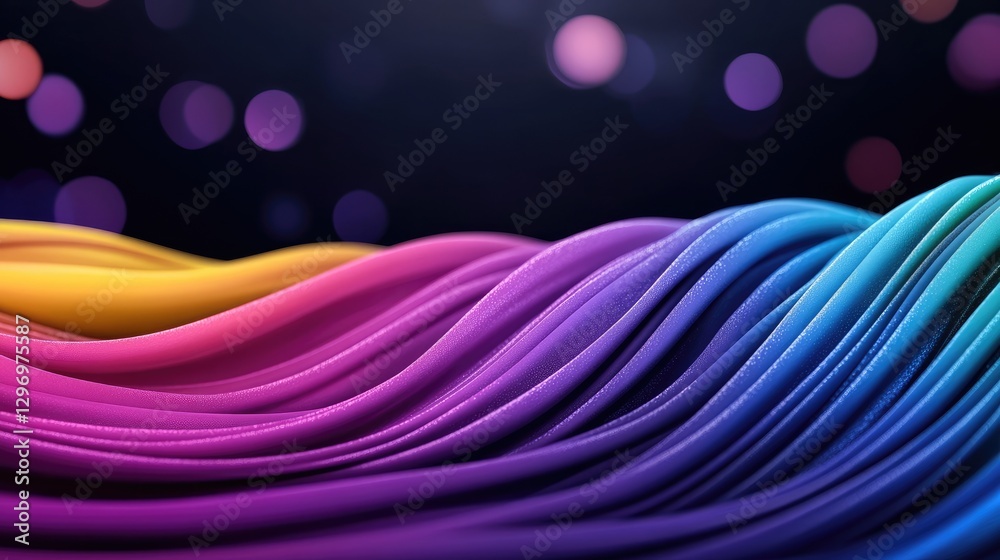 Poster colorful abstract wave flowing on black background with bokeh lights