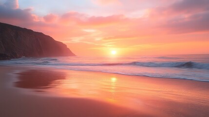 Obraz premium A beautiful sunset over the ocean on a sandy beach