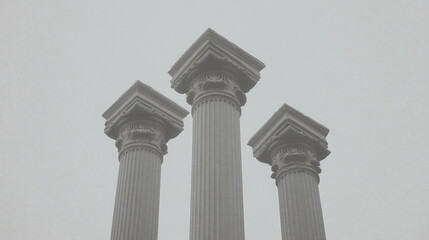 Obraz premium Architectural Triumph: Three elegant classical columns ascend majestically towards the sky, evoking a sense of timeless grandeur and strength. The pillars, with their intricate details.