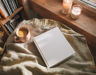 Blank Book Mockup with Blanket, Candle, and Coffee in Sunset Light graphic resources