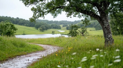 Obraz premium Rural Landscape, Rain, Meadow, Winding Path. Scenic View. Possible Use Nature Photography