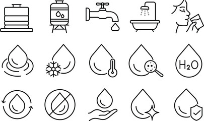 Water Storage, Filtration, and Sustainability Icons for Safe Drinking.