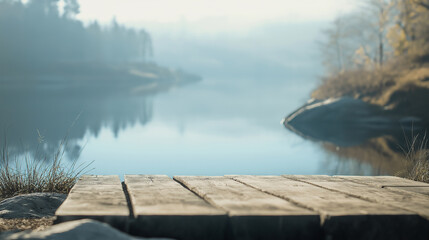 Wooden Dock on Calm Lake Misty Morning Autumn Scenery