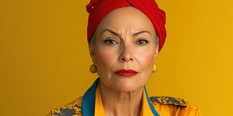 A woman with a vibrant red headwrap and bold yellow outfit stands confidently with a serious expression against a vivid yellow background. Her golden earrings add to the striking look