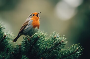Fototapeta premium Vibrant Bird Singing on Evergreen Branches in a Soft Natural Setting with Blurred Background