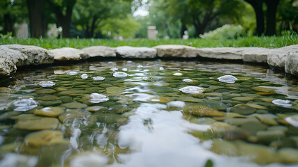 Calm pond, garden pebbles, park trees background, nature scene