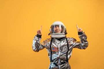 Strong female astronaut flexing muscles, confident, powerful.
