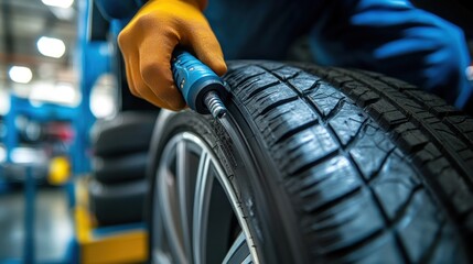 Mechanic repairing tire in auto shop