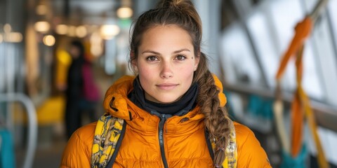 Fototapeta premium A young woman with long hair and a confident look stands inside a contemporary mountain lodge. She wears an orange jacket and carries a backpack, ready for an adventure