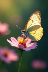 Obraz premium Close up of butterfly resting on delicate flower with soft focus background, gentle, serene, natural