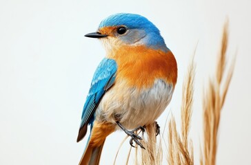 Fototapeta premium Vibrant Blue and Orange Bird Perched on Grass Stem Against a Soft Neutral Background in a Natural Environment