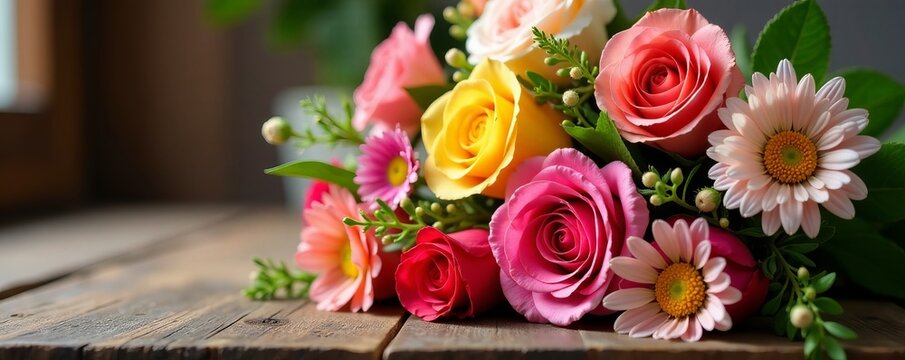 Close-up of colorful bouquet of roses and daisies on wooden table, vibrant, decor, close-up