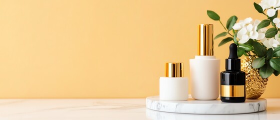 Elegant skincare products on a marble stand.