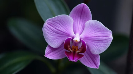 Obraz premium A delicate purple orchid with fine details of the stamen against a dark blurred background with copy space