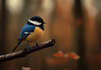 Obraz premium Vibrant Blue and Yellow Bird Perched on a Branch in a Softly Blurred Forest Background Capturing Nature's Serene Beauty and Tranquil Atmosphere