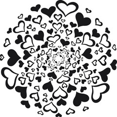 Circle full of hearts. Vector illustration made with black heart silhouettes on a white background filling a circular shape.