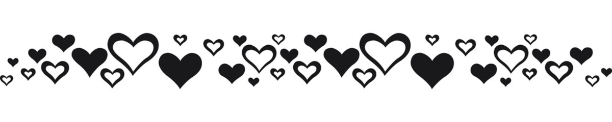 Linear border made with many hearts. Vector illustration made with black heart silhouettes on a white background creating a linear border.