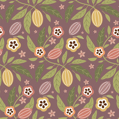 Cocoa vector seamless pattern. Chocolate cocoa beans background. Vector hand drawn illustration. Vintage style illustration.