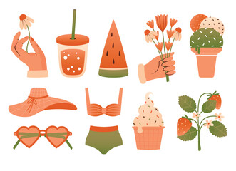 Collection of cute summer cliparts. Vector elements for Hello Summer Card. Hand holding daisy, swimming suit, slice of watermelon, beach hat, eyeglasses, strawberry, ice cream cone. Summer vacation.