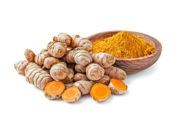Turmeric Root and Powder - Fresh and Organic Herbal Spice Isolated on White Background herb and midical concept, Generative AI Illustration