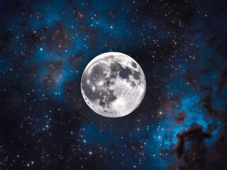 A stunning full moon illuminated against a backdrop of vivid blue and black starry space.