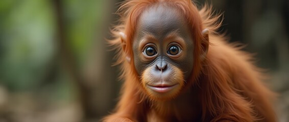 Curious Baby Orangutan Portrait in Nature